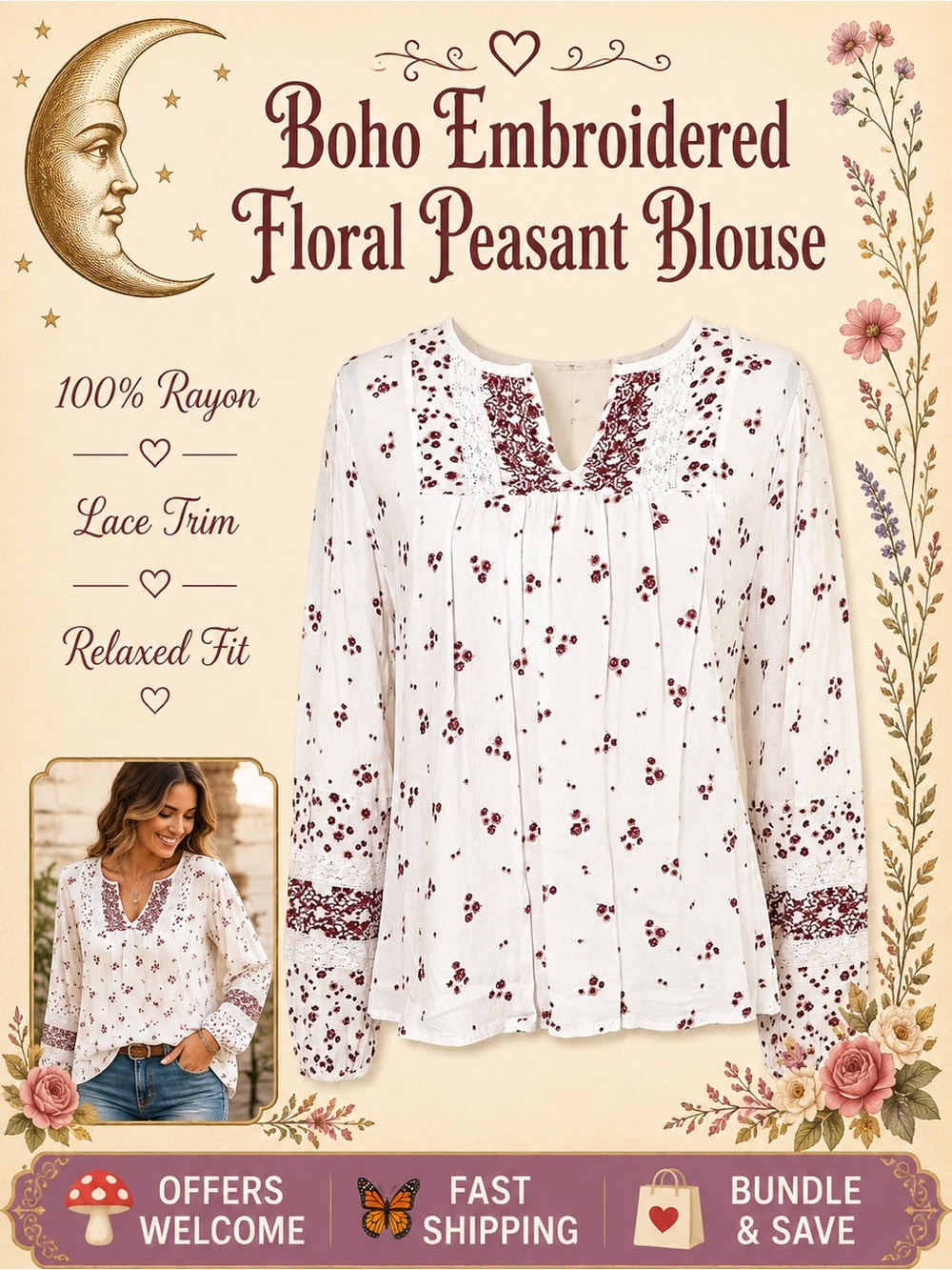 Knox Rose Embroidered Floral Blouse Lace Trim Peasant Style L